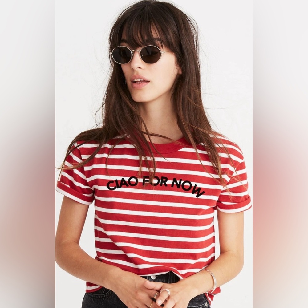 Madewell "Ciao for Now" Red and White Striped Tee